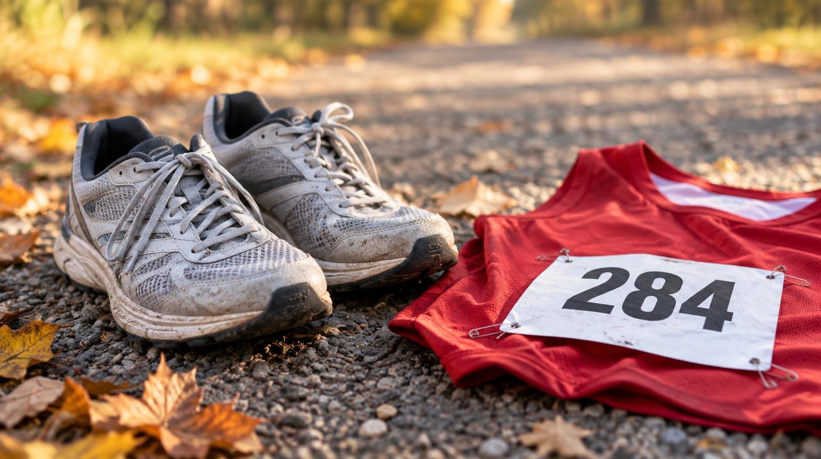 Lightweight running shoes and a red athletic singlet on a hard-packed gravel trail.