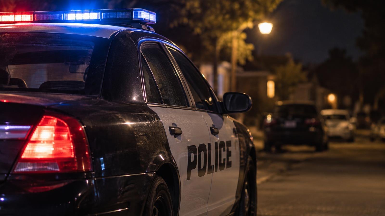 Police patrol car parked on a dark street with light bar glowing red and blue.