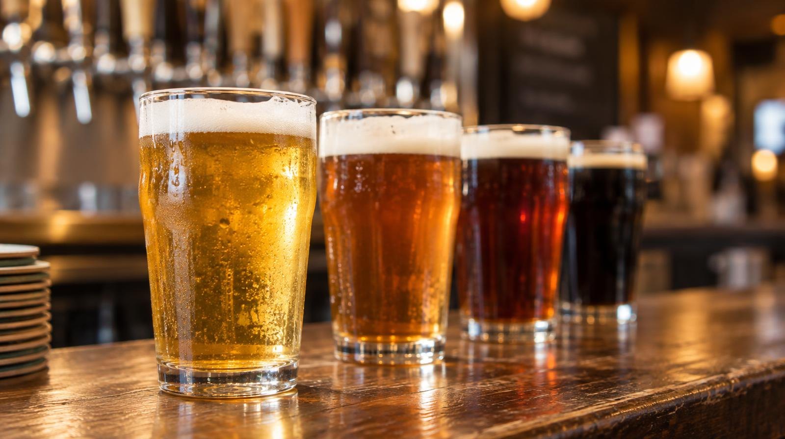 Several pint glasses of golden and amber beer on a wooden bar counter.