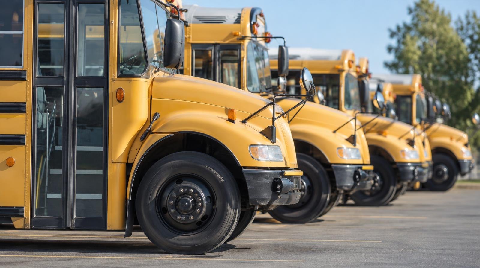 A row of yellow school buses parked side by side in a depot lot.