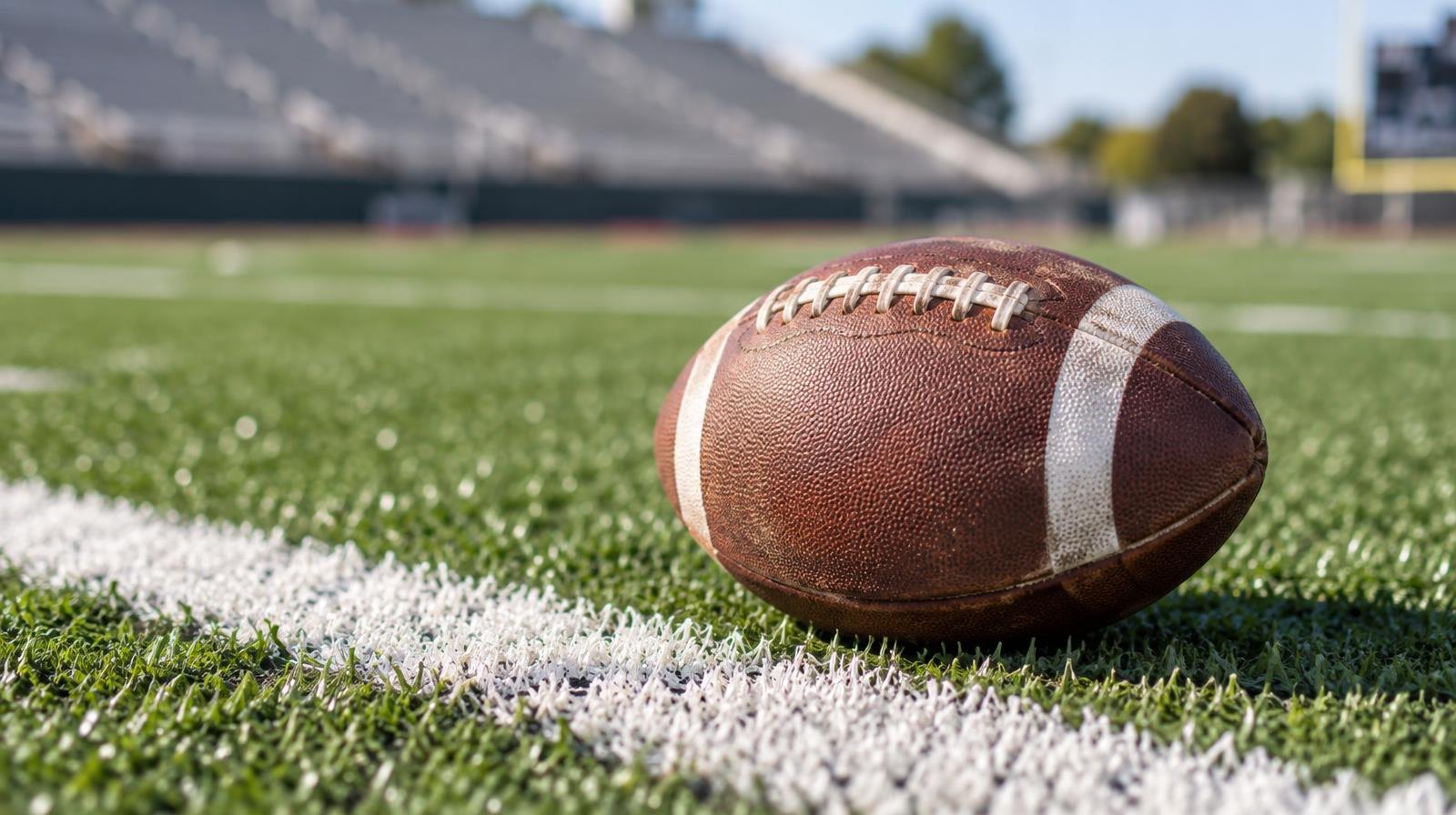 An American football resting on green artificial turf beside a white yard line.