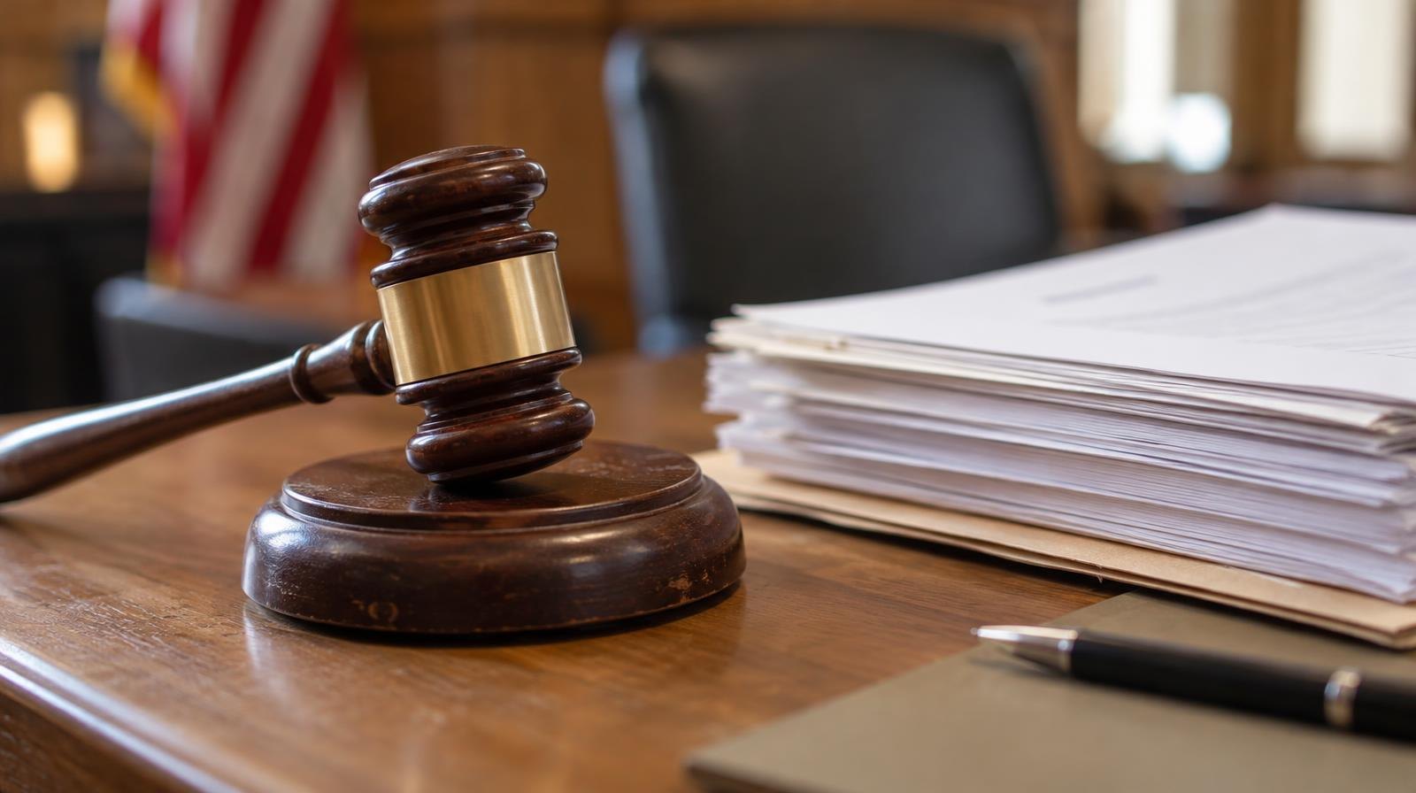 Wooden gavel on its sound block next to stacked papers on a desk.