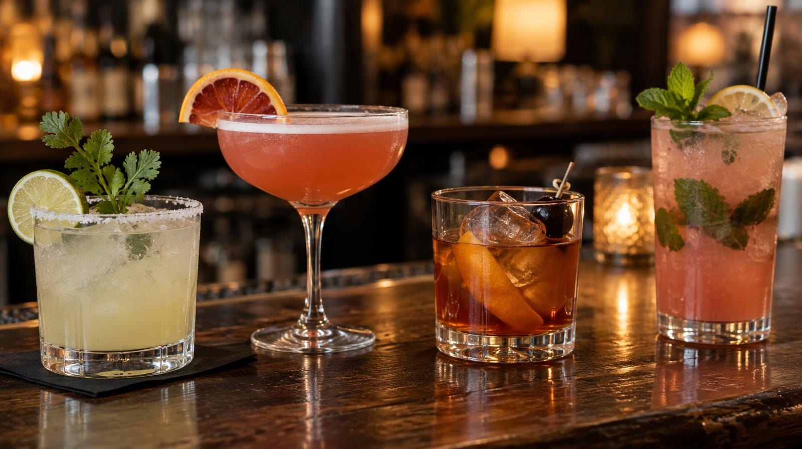 Colorful craft cocktails in various glasses on a dark wooden bar top.