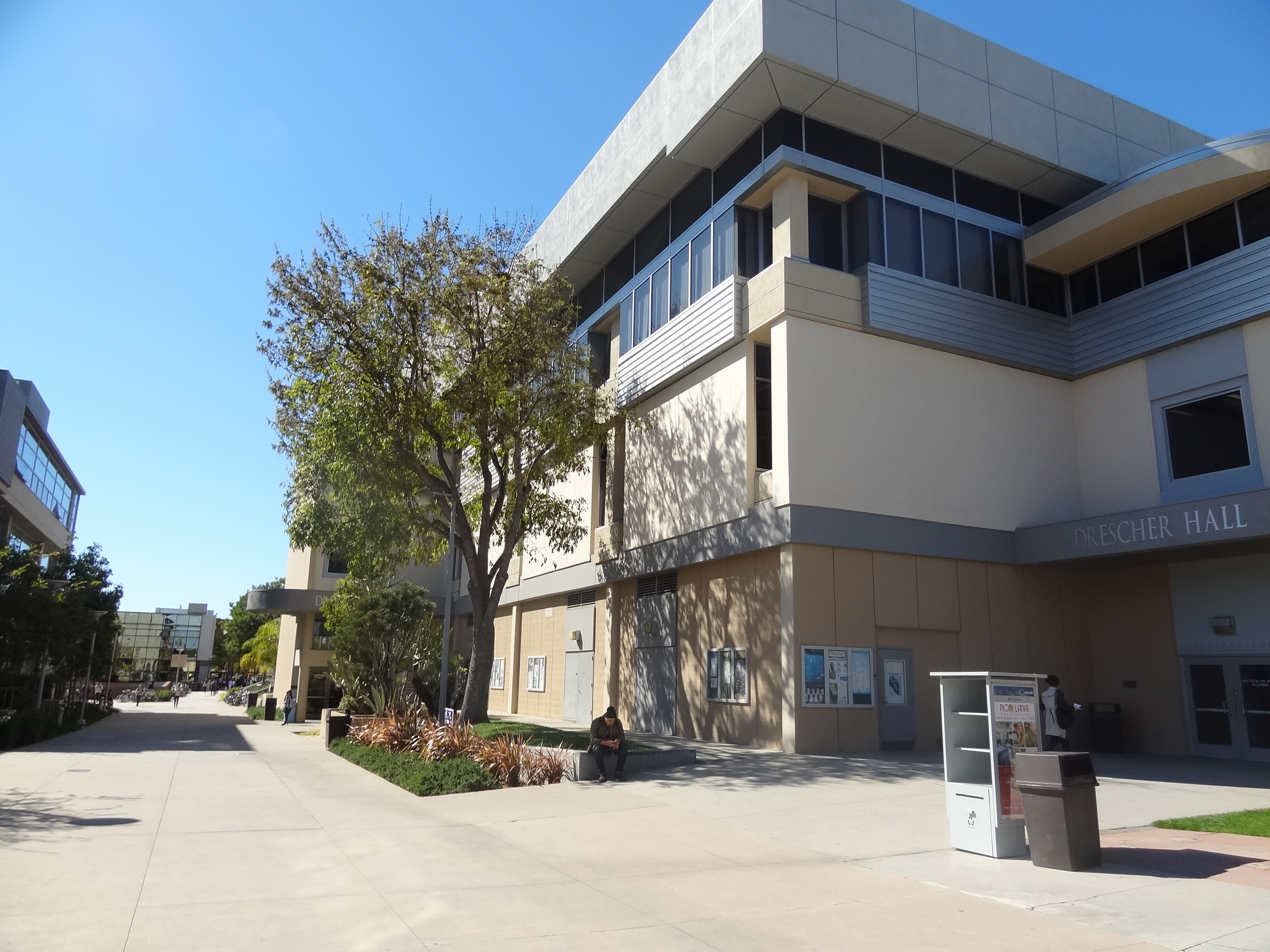 Exterior of a multi-story college building with a walkway and trees under a clear blue sky.