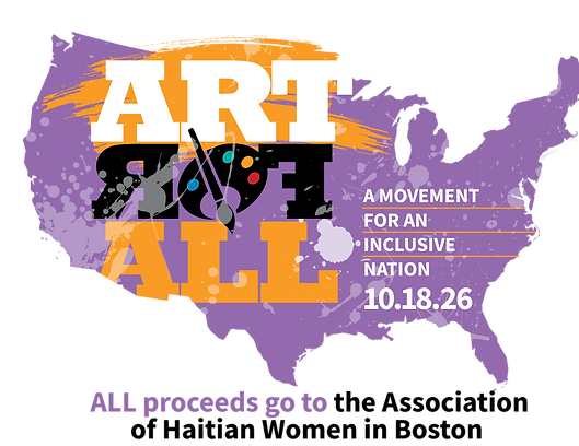 Colorful flyer for an art sale event with bold orange text over a purple U.S. map silhouette.