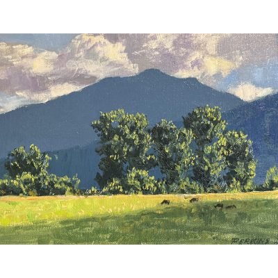 Oil painting of a pastoral landscape with trees, mountains, and grazing animals in a meadow.