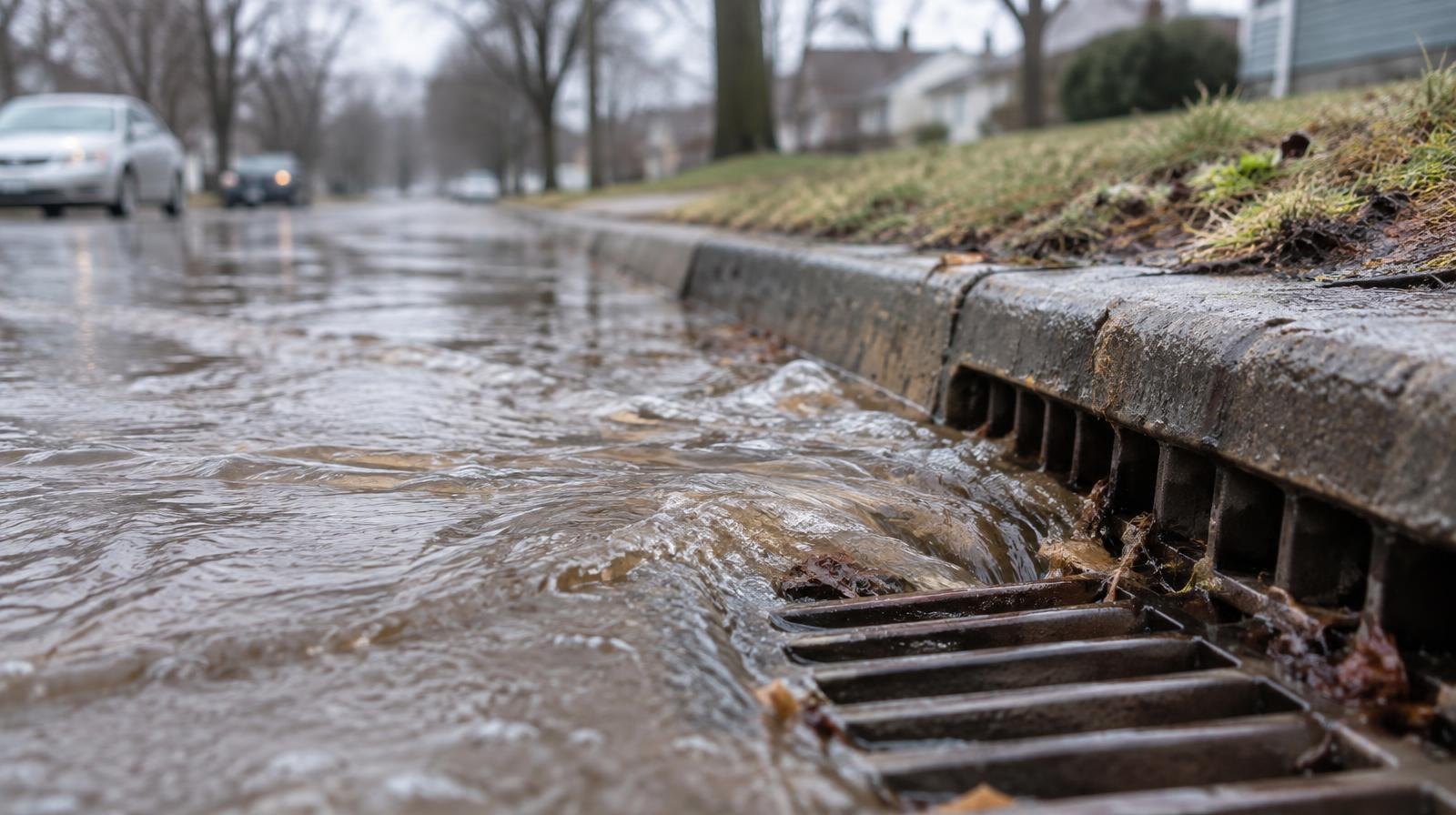 Flooded residential street with brown stormwater rushing toward a storm drain grate.