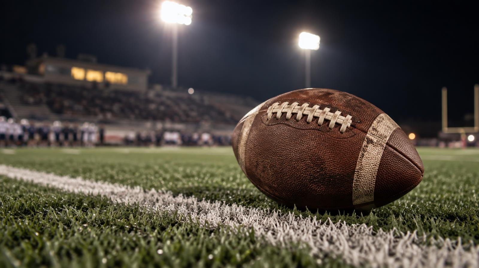 An American football resting on green artificial turf beside a white yard line under stadium lights.