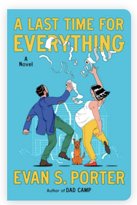 Bright blue book cover with two illustrated figures tossing toilet paper rolls and a small dog between them.