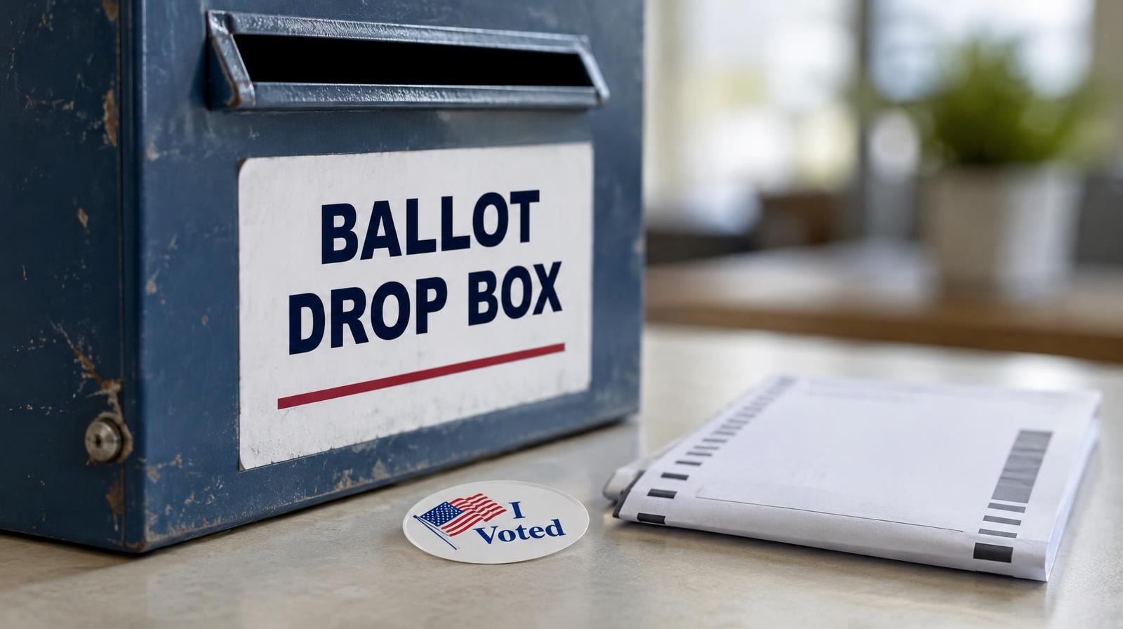A ballot drop box and an I Voted sticker beside a folded sample ballot.