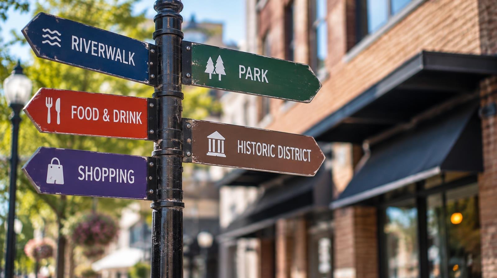 Cluster of colorful directional signs on a post along a sunny urban street.