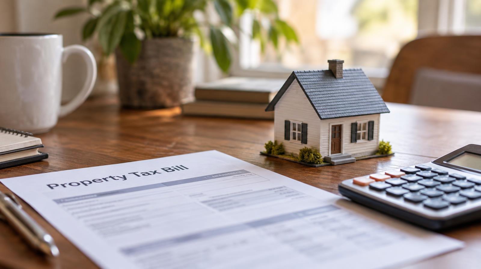 Miniature house model and calculator next to a tax document on a wooden desk.