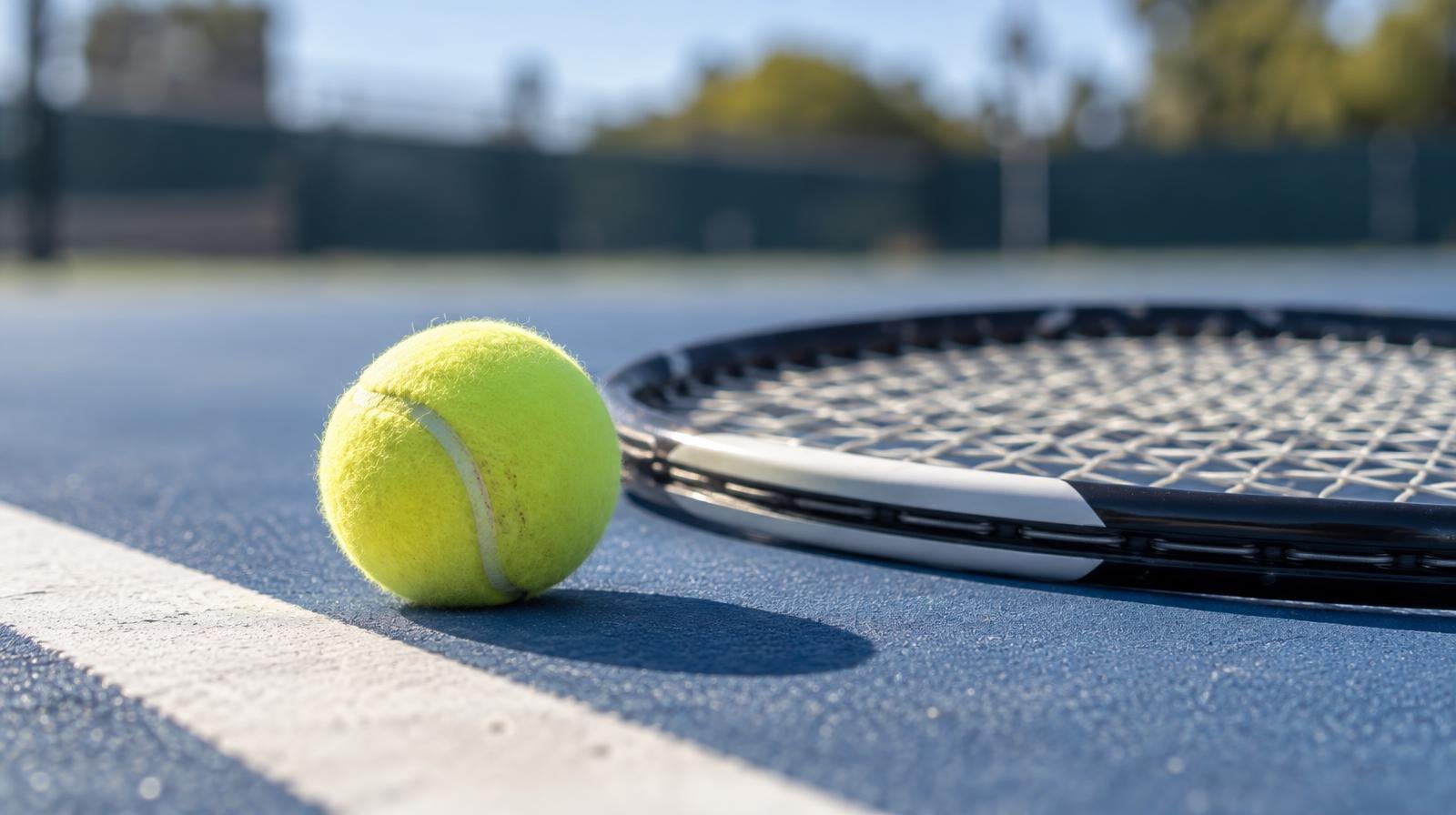A yellow tennis ball and racket lying on a blue hard court beside a white baseline.