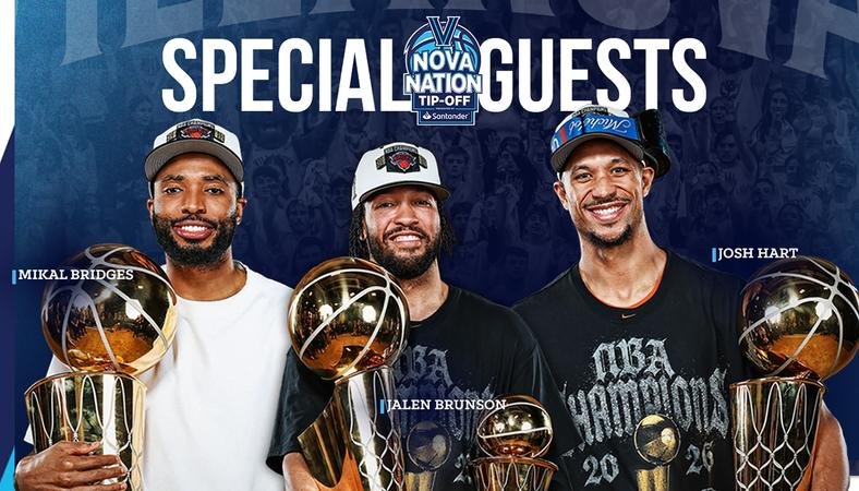 Promotional graphic showing three men holding NBA championship trophies under Nova Nation Tip-Off branding.