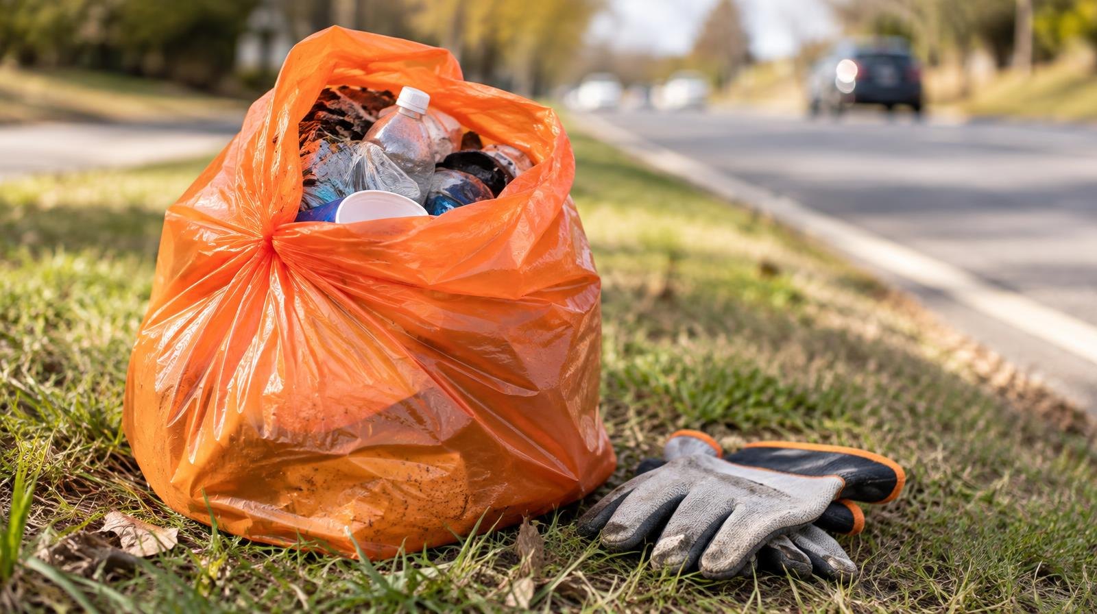 An orange trash bag filled with litter sits on a grassy roadside beside work gloves.