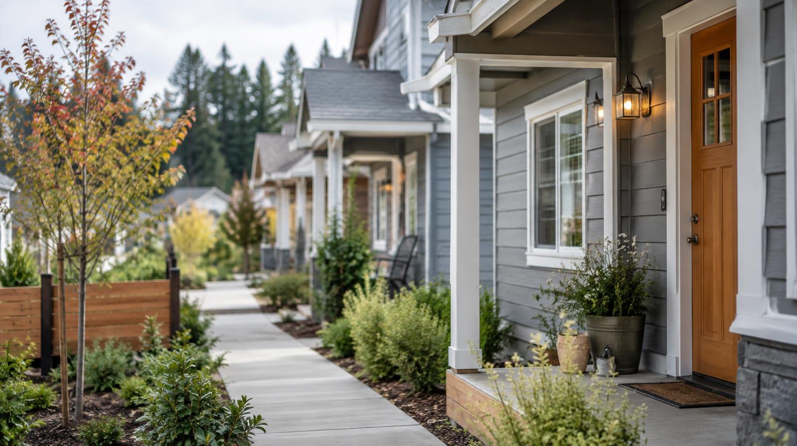 A row of newly built small townhouses with a shared walkway and green landscaping.
