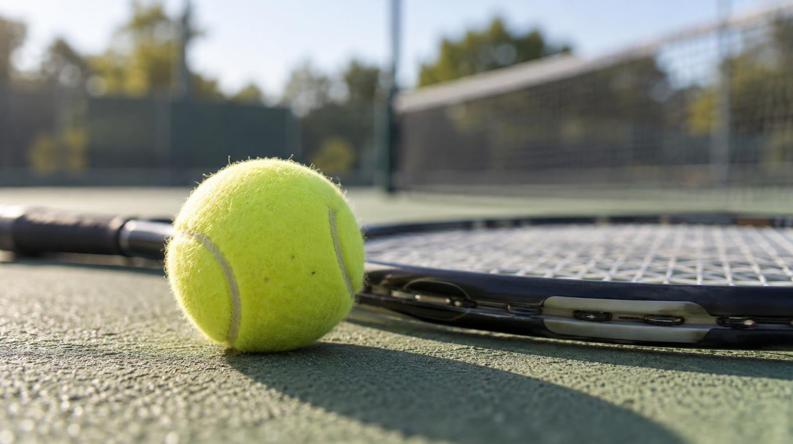 Yellow tennis ball beside a racket on a hard court surface.