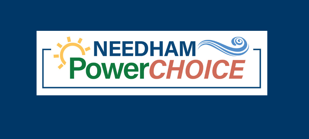 Logo reading Needham PowerChoice with stylized sun and wind icons in blue and green