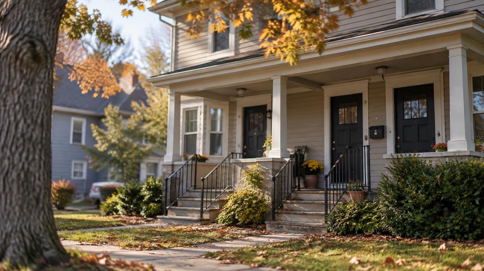 Small duplex or triplex building on a tree-lined suburban street in autumn.