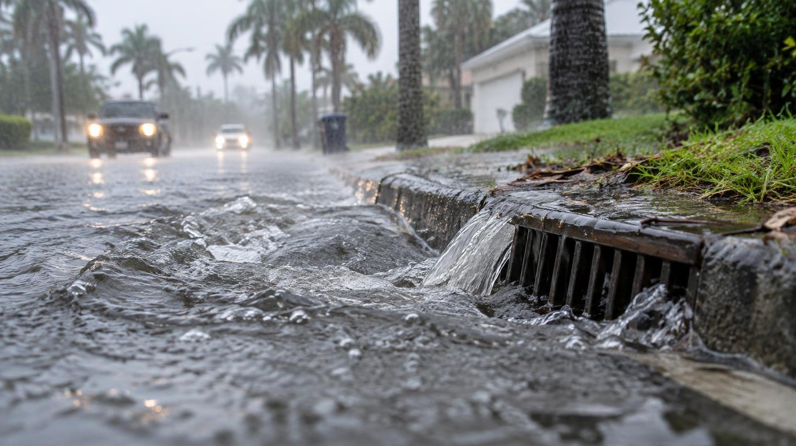 Flooded street with water rushing over curb toward storm drain, palm trees lining the road.