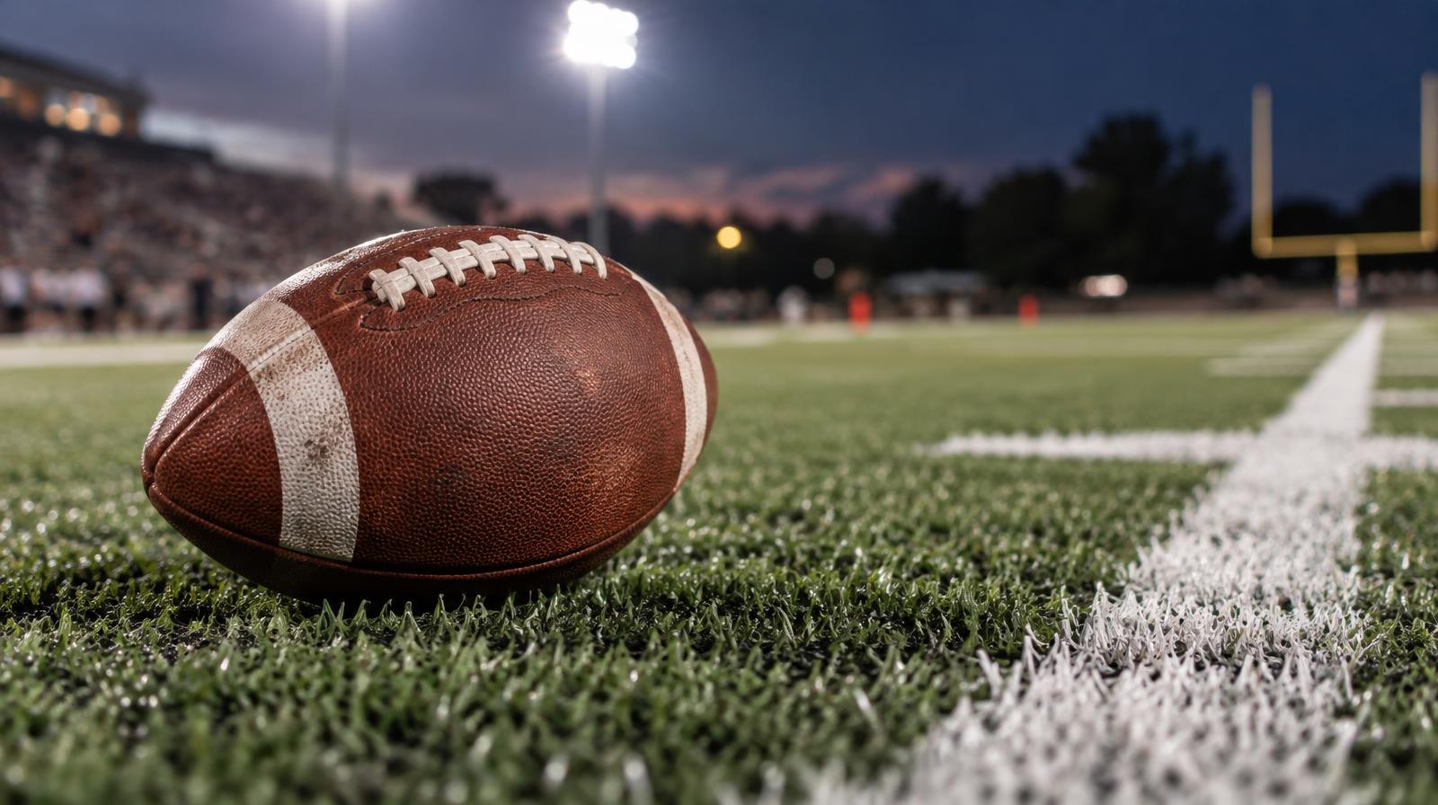An American football on green turf beside a painted white yard line.