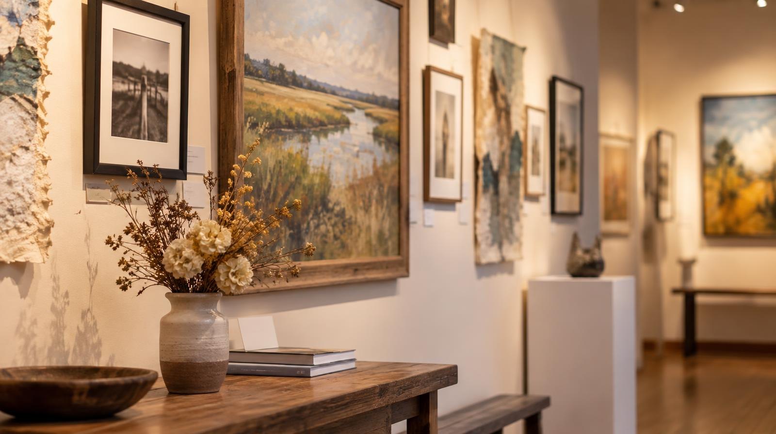 Framed artwork and paper art displayed on a gallery wall with warm lighting.