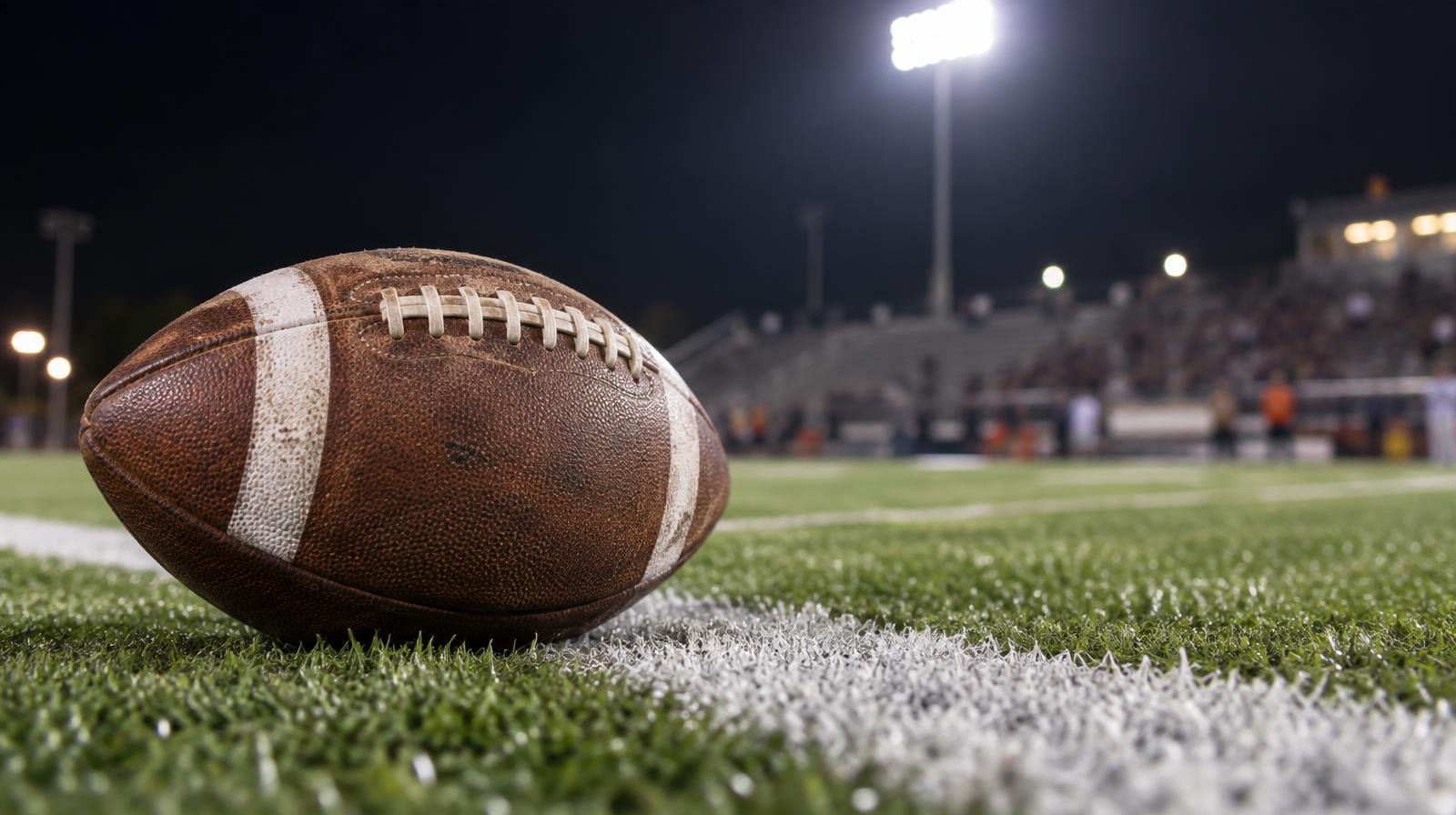 An American football sitting on green turf beside a white yard line under bright stadium lights.