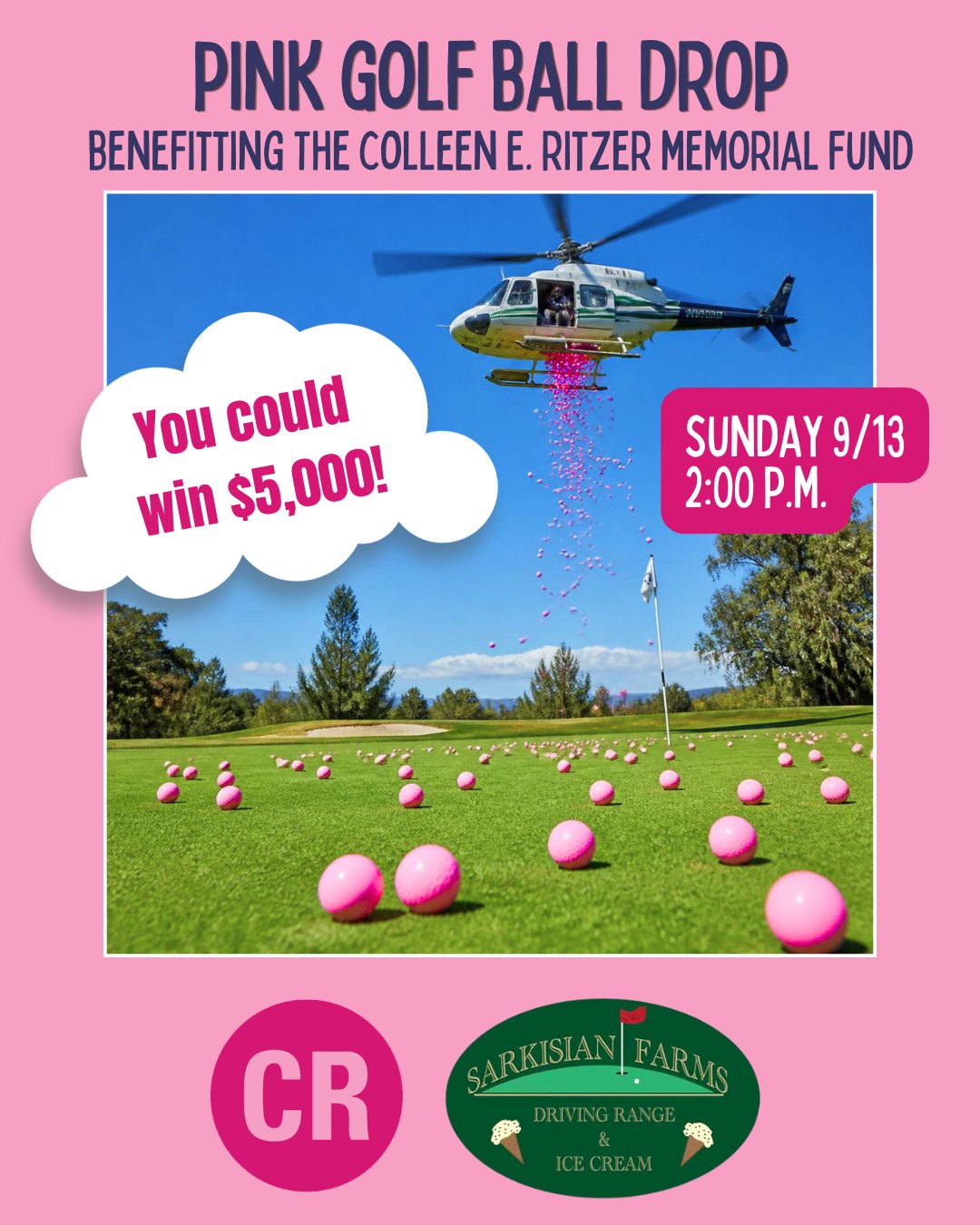 Pink flyer showing a helicopter dropping golf balls over a golf course.