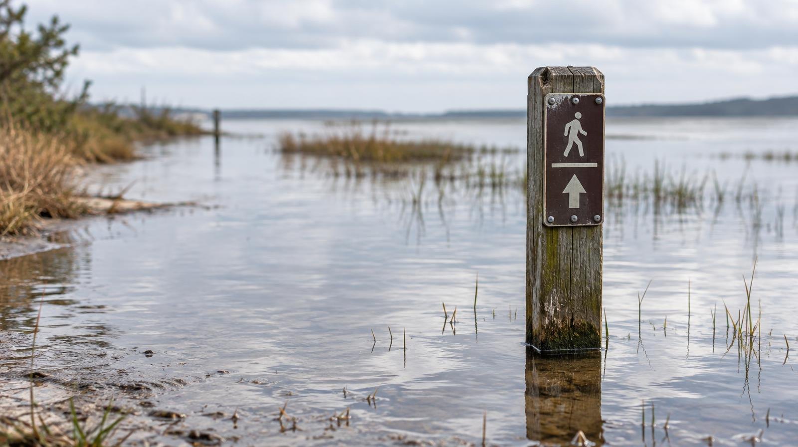 Flooded trail with wooden marker post standing in calm, shallow water.