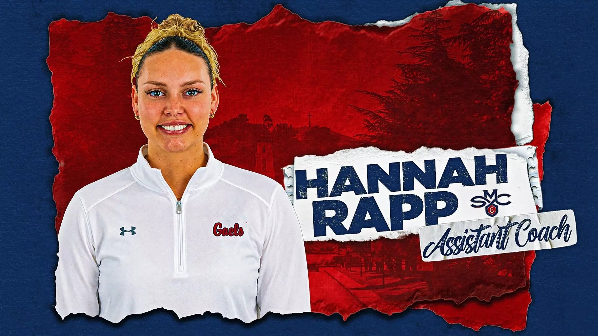 Official hire graphic showing a smiling woman in a white Gaels jacket labeled 'Hannah Rapp, SMC Assistant Coach.'