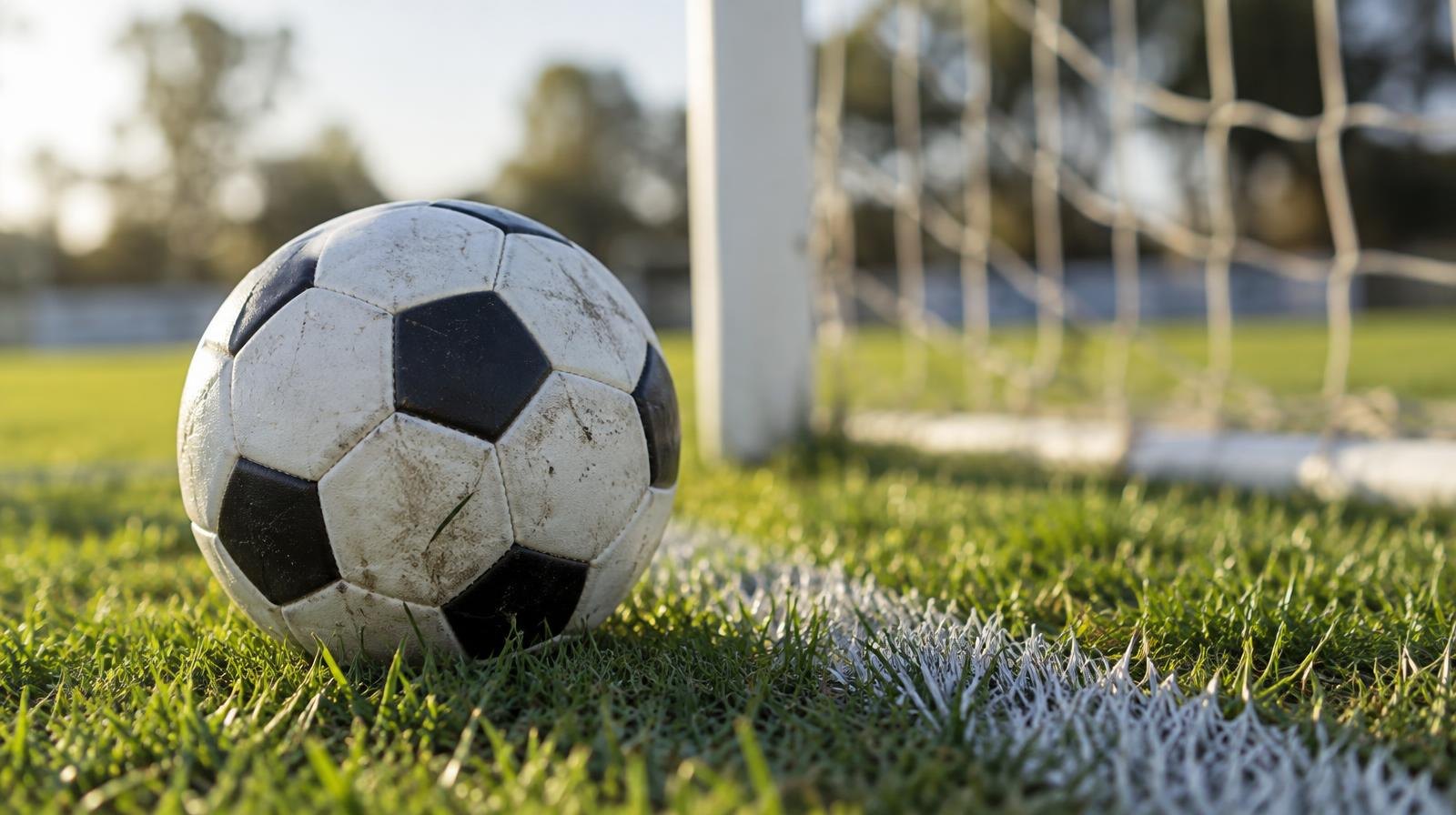 A black-and-white soccer ball on a grass field with a goal net behind it.