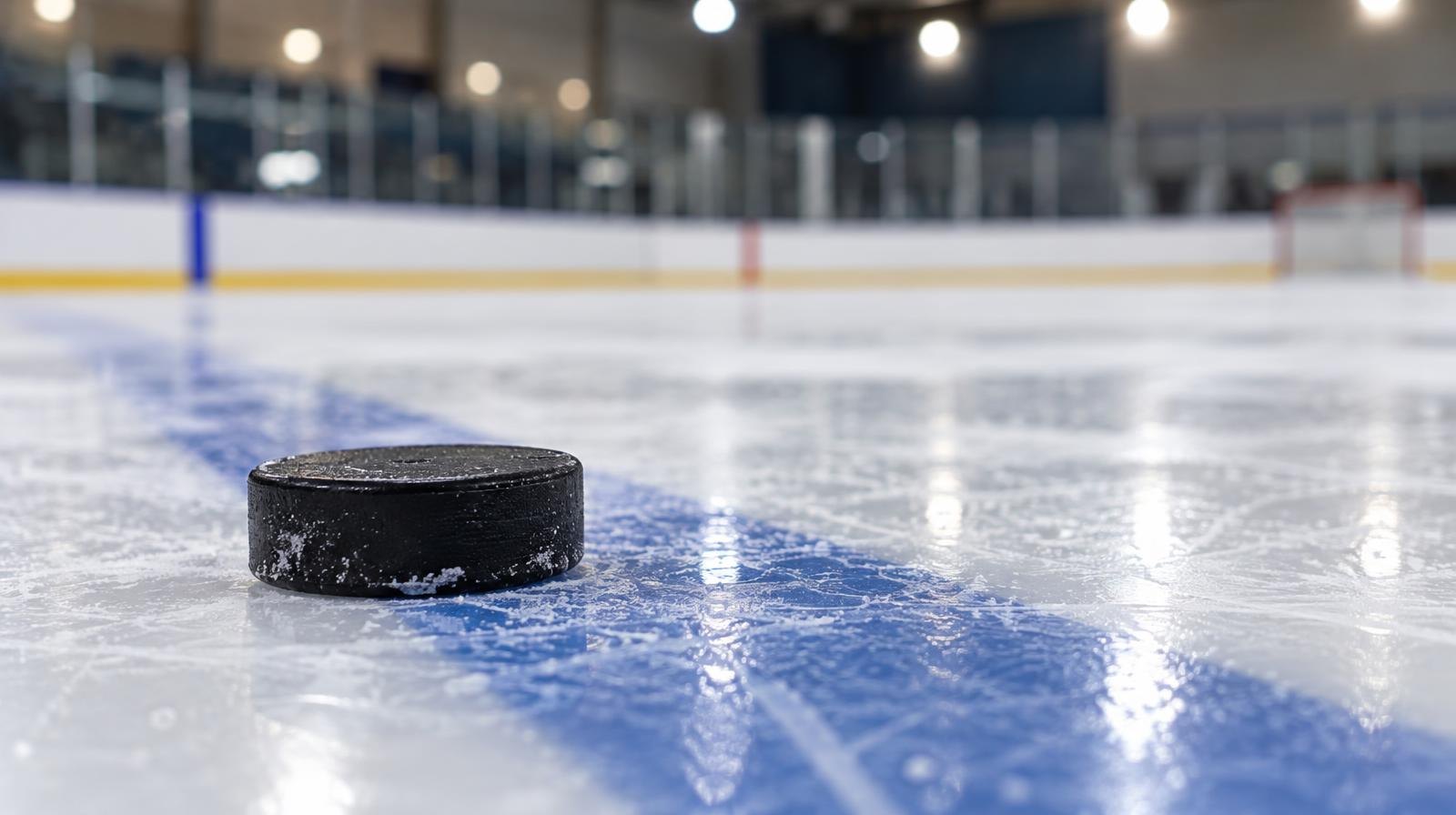 A black hockey puck resting on white ice near a blue painted line.