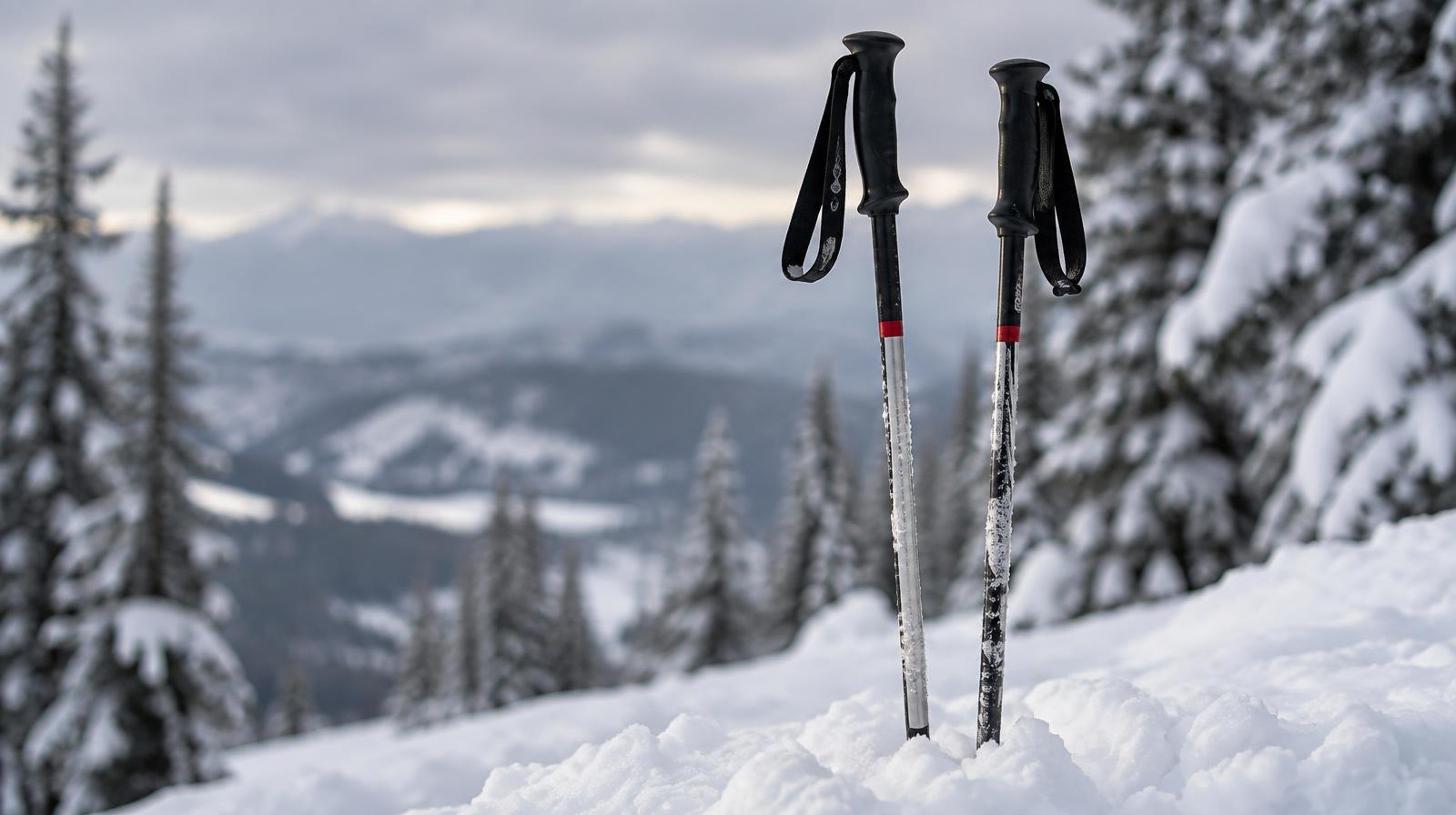 Two ski poles planted upright in deep powder snow with snow-covered trees behind.