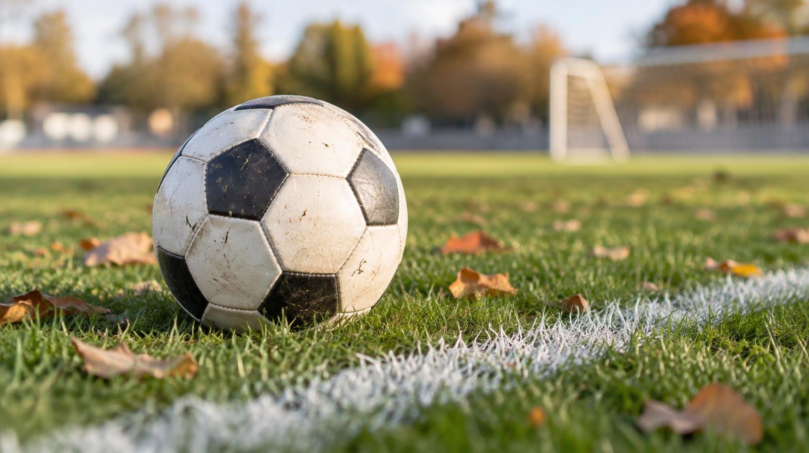 A white soccer ball resting on green grass near a painted white sideline.