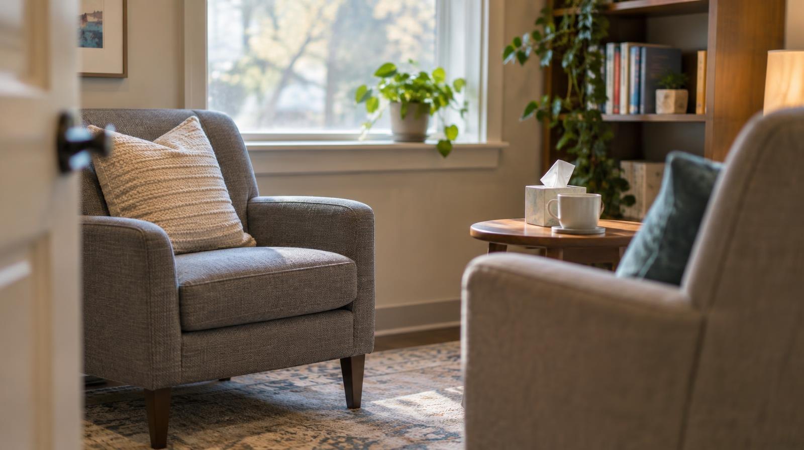 Two chairs facing each other in a sunlit, plant-filled counseling office.