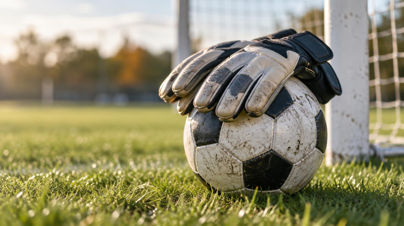 Goalkeeper gloves resting on a soccer ball on a green grass field near a goal post.