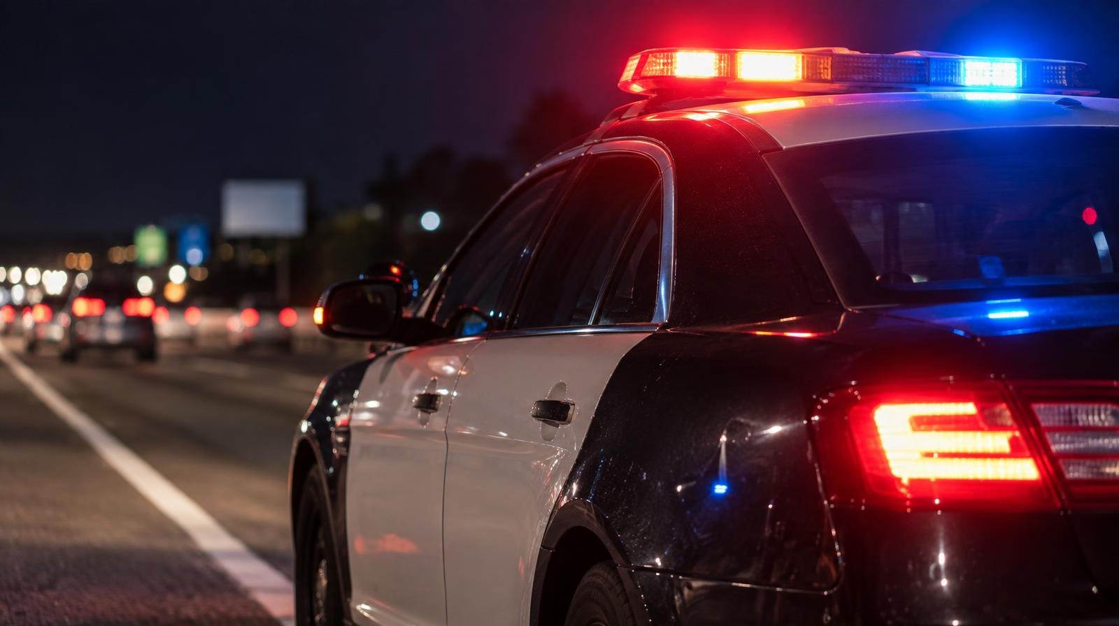 Police cruiser with red and blue lights on parked on a dark highway shoulder at night.
