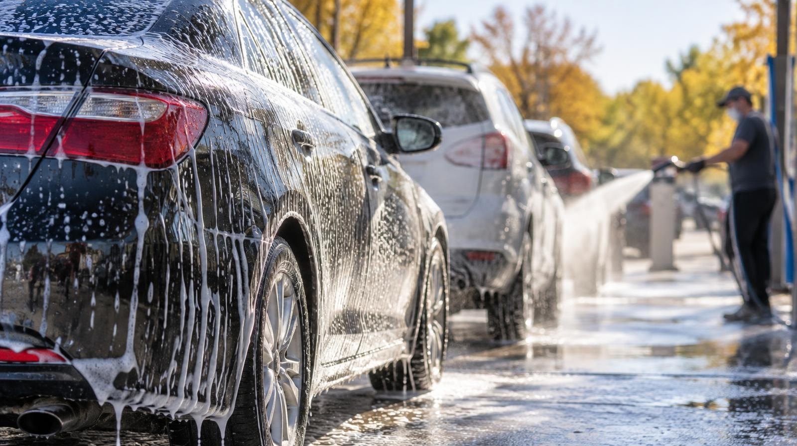Soapy cars being washed at an outdoor car wash on a sunny day.
