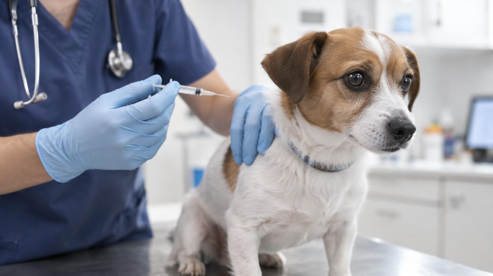Gloved hand holding a syringe near a small dog on an exam table.