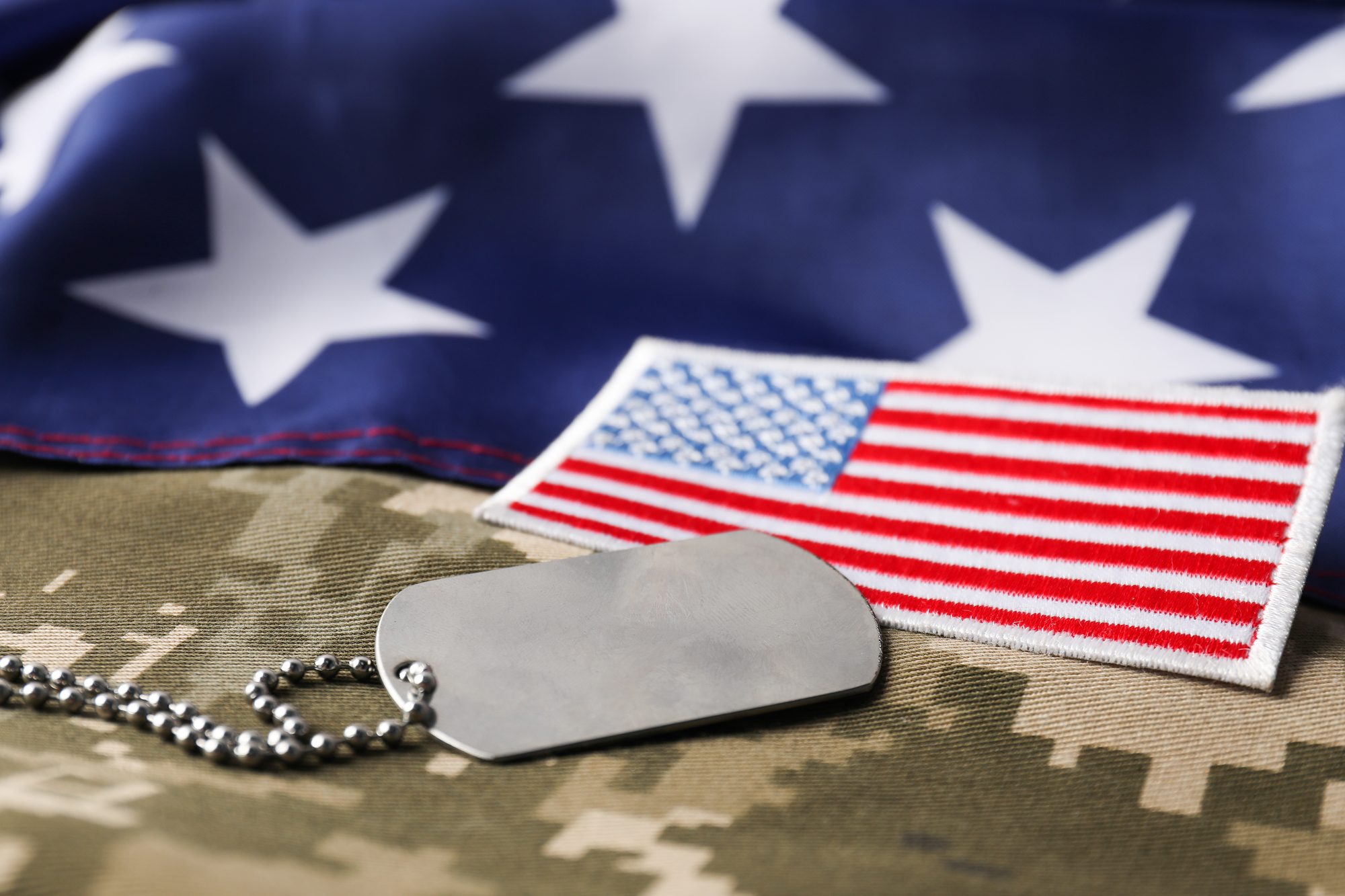 Veterans day. USA army patch, token, American flag and military uniform, closeup