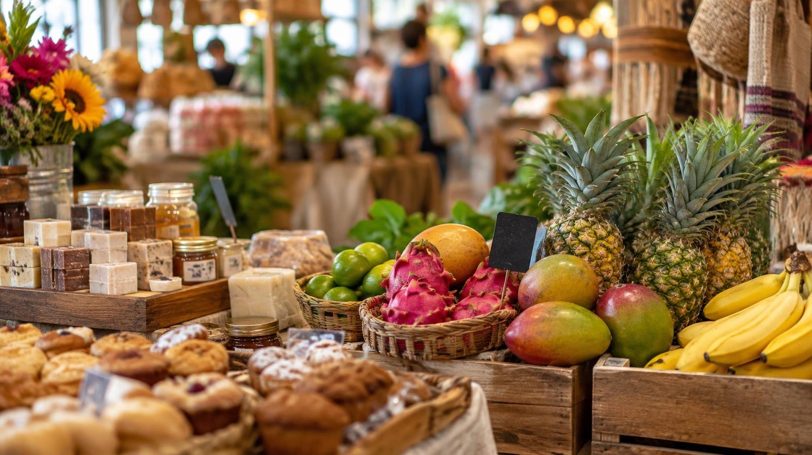 Colorful indoor market stalls with handcrafted goods, fresh produce, and baked items on display.