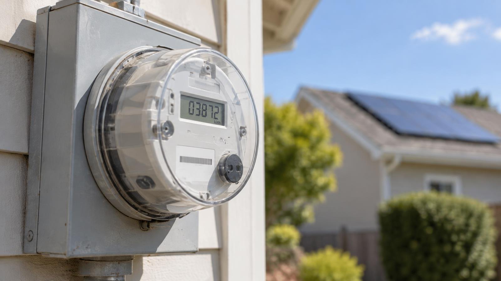 A residential electric utility meter on a house exterior with a solar panel visible on the rooftop.