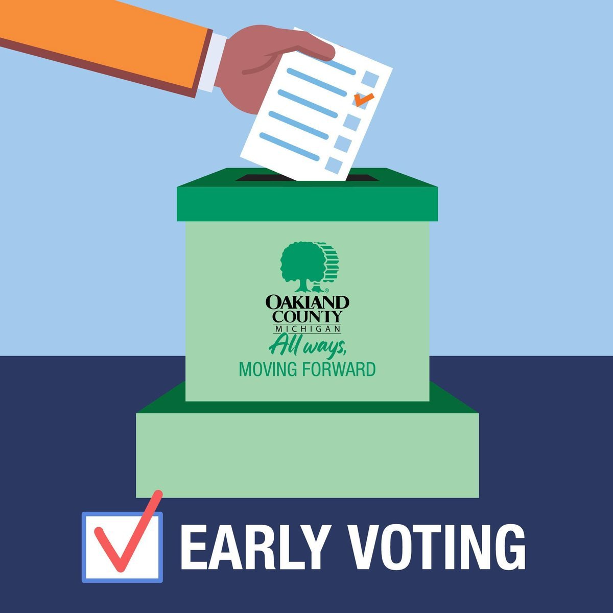Illustrated graphic of a hand inserting a ballot into a green Oakland County ballot box.