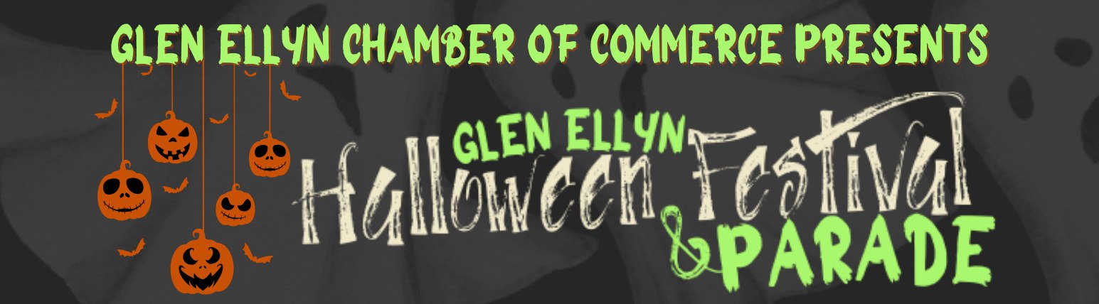Dark promotional banner with jack-o'-lanterns reading Glen Ellyn Halloween Festival and Parade.