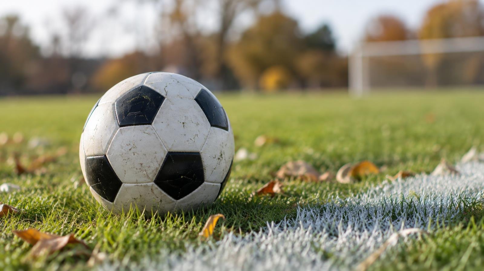 A black-and-white soccer ball rests on a green grass field near a white sideline.