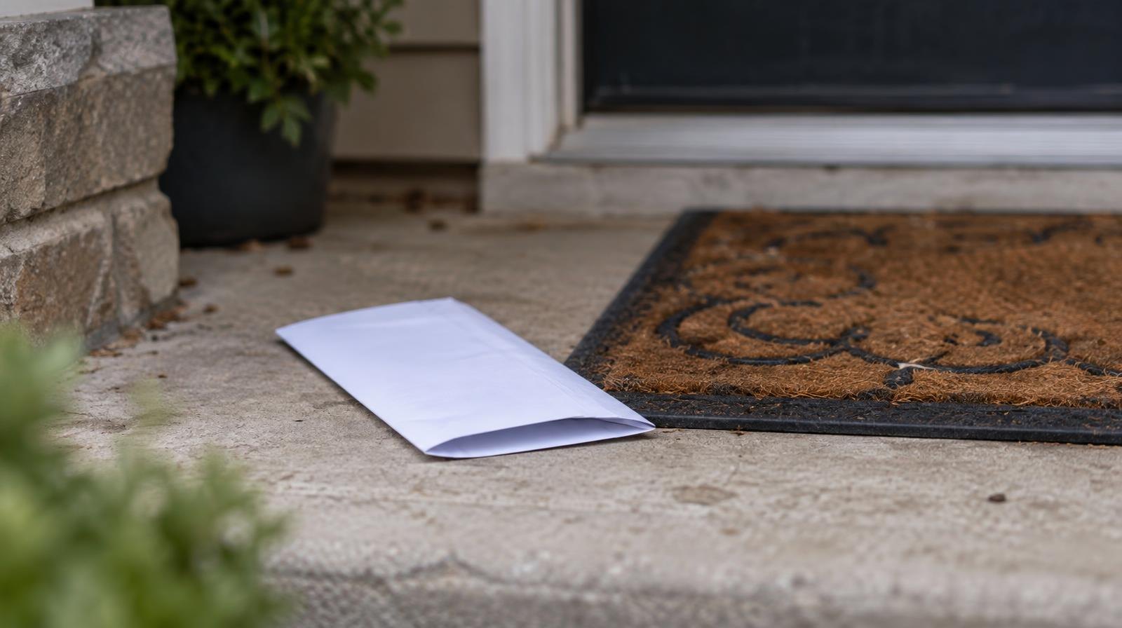 A folded paper flyer lying face down on a front doorstep beside a welcome mat.