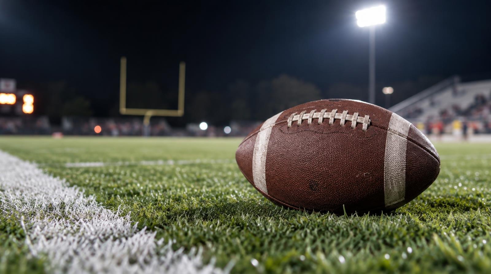 An American football on a grass field beside a white yard line under bright stadium lights at night.