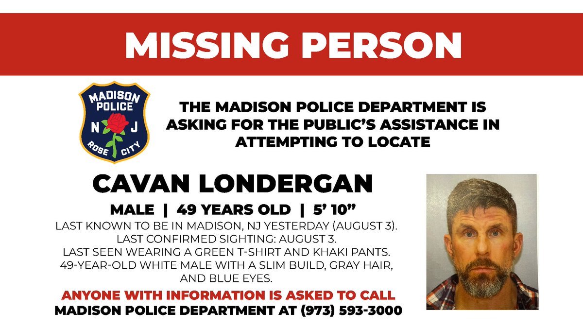 Official missing person flyer showing a man's photo, physical description, and police contact information.