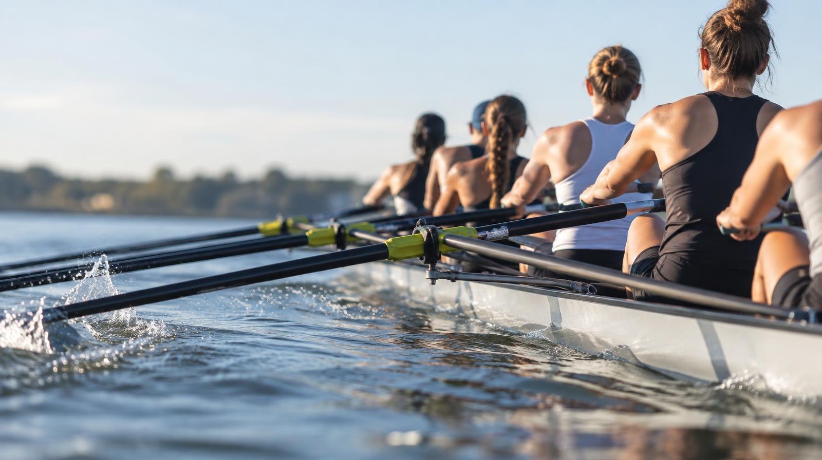 A long narrow rowing shell with oars extended gliding across calm water in morning light.