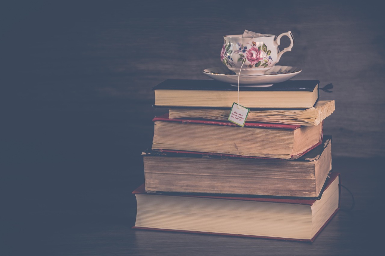 Literature, library, knowledge, education, vintage, old, books, stack of books, tea, tea cup, tea bag, wisdom, blue book